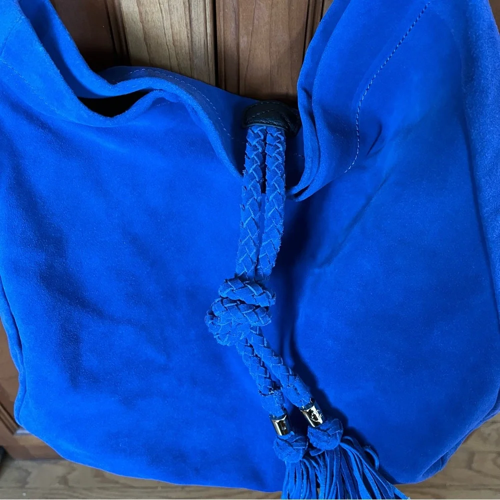 C. Wonder Blue Suede Slouch Hobo Bag with Leather Strap and Tassel - Picture 4 of 13
